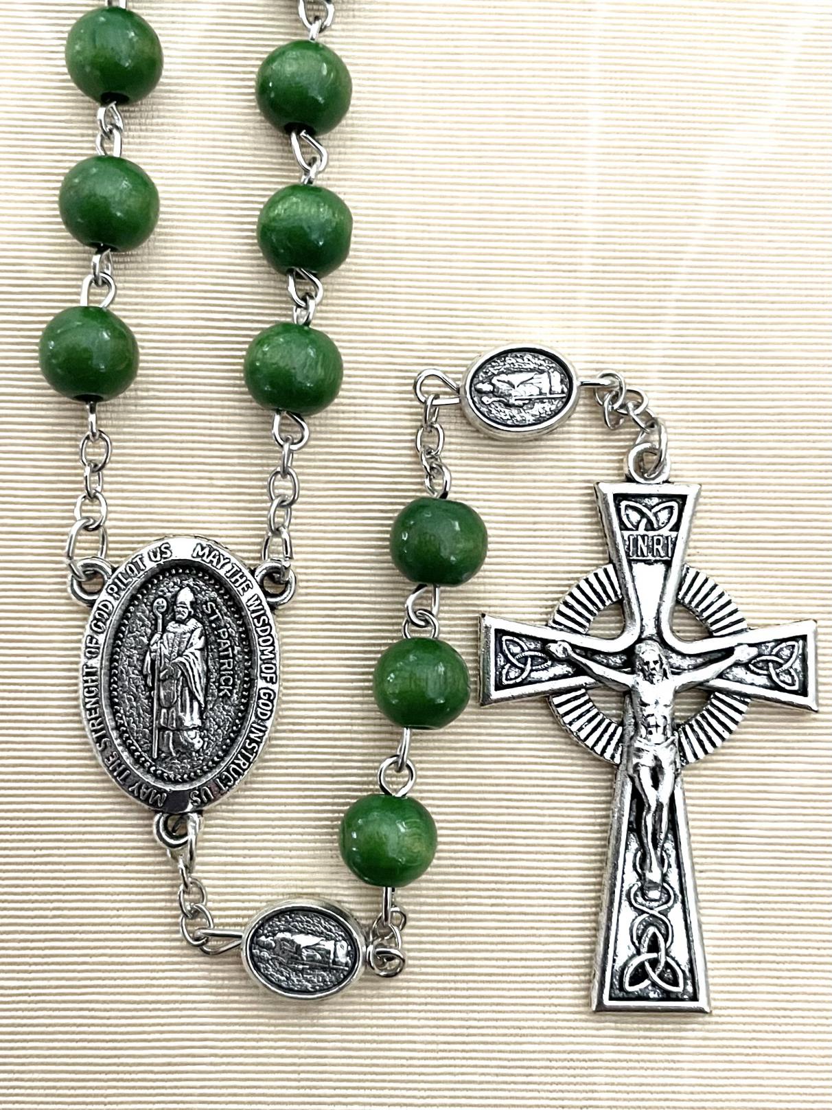 6 MM Emerald Irish Rosary with Celtic Cross and St Patrick Centerpiece and OF Beads