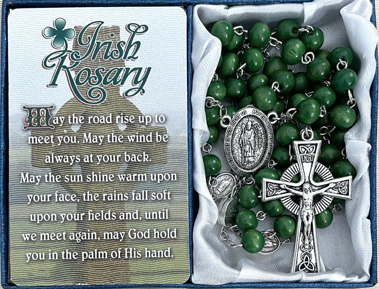 8 MM Emerald Irish Rosary with Celtic Cross and St Patrick Centerpiece and OF Beads Gift Boxed with Prayer Card