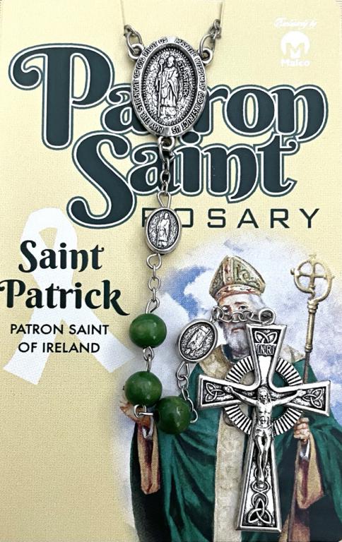 8 MM Emerald Irish Rosary with Celtic Cross and St Patrick Centerpiece and OF Beads. Carded with Prayer on Back in Cello Bag for easy Hanging