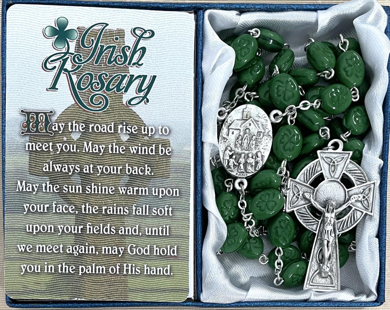 OVAL SHAMROCK ROSARY WITH KNOCK WATER CENTERPIECE. GIFT BOXED