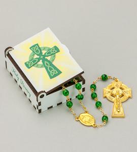 CELTIC CROSS WOOD BOX WITH ROSARY