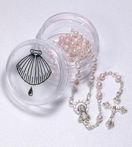 4mm PINK ROSARY WITH BAPTISMAL ACRYLIC BOX