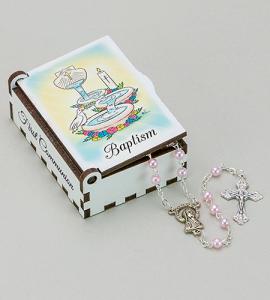 BAPTISM WOOD BOX WITH PINK ROSARY