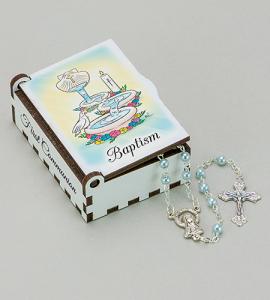 BAPTISM WOOD BOX WITH BLUE ROSARY