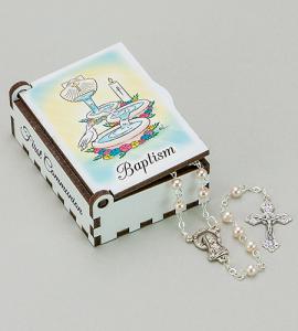 BAPTISM WOOD BOX WITH PEARL ROSARY