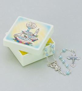 BAPTISM MOLDED BOX WITH BLUE ROSARY