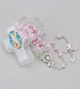 GUARDIAN ANGEL CROSS BOX WITH PINK ROSARY