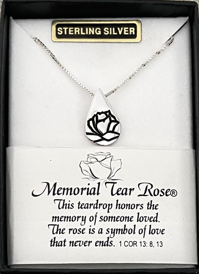 STERLING SILVER MEMORIAL TEAR ROSE PENDANT ON 18 IN STERLING SILVER CHAIN. GIFT BOXED WITH STORY CARD