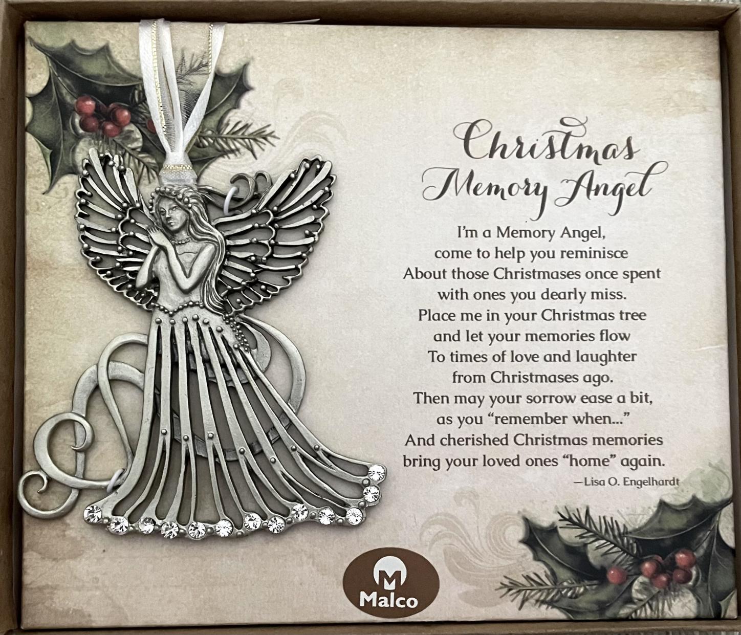 CHRISTMAS MEMORY ANGEL. CAST METAL ANGEL IN SILVER ENAMEL FINISH, EMBELLISHED WITH CRYSTAL STONES AND WHITE ORGANZA RIBBON. 3.25 X 3.75 IN. WINDOW BOX 