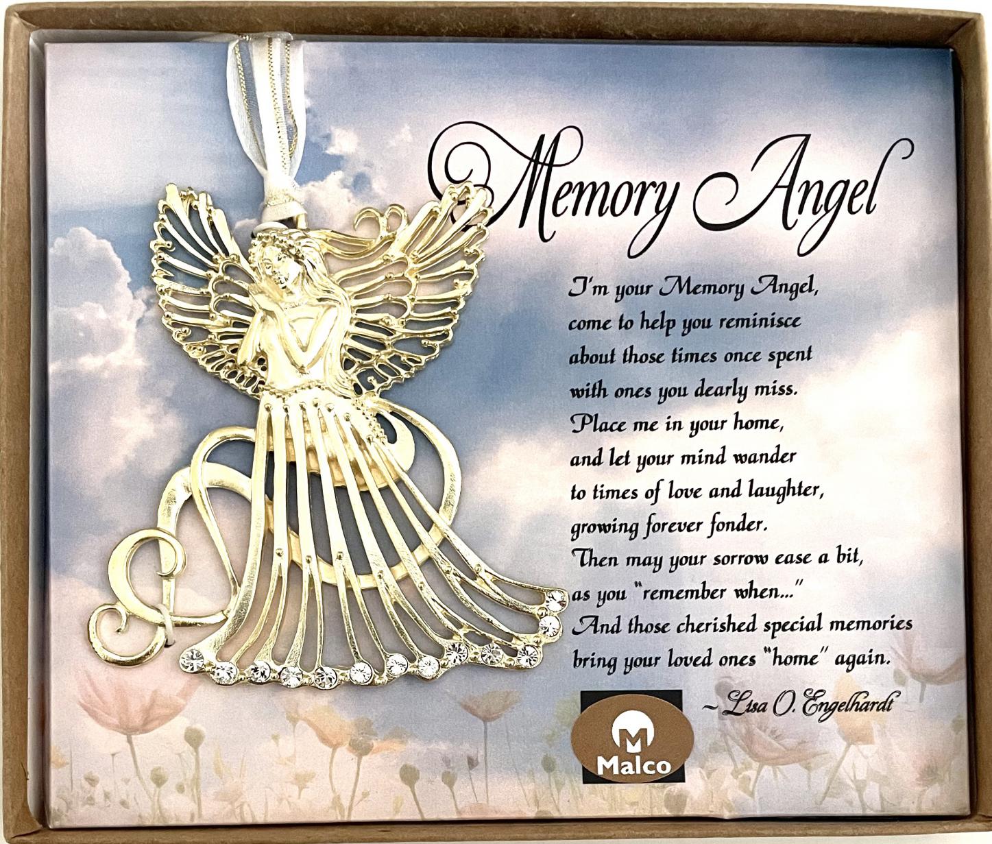 MEMORY ANGEL. CAST METAL GOLD PLATED ANGEL EMBELLISHED WITH CRYSTAL STONES AND WHITE ORGANZA RIBBON. 3.5IN W X 3.5IN H. WINDOW BOXED