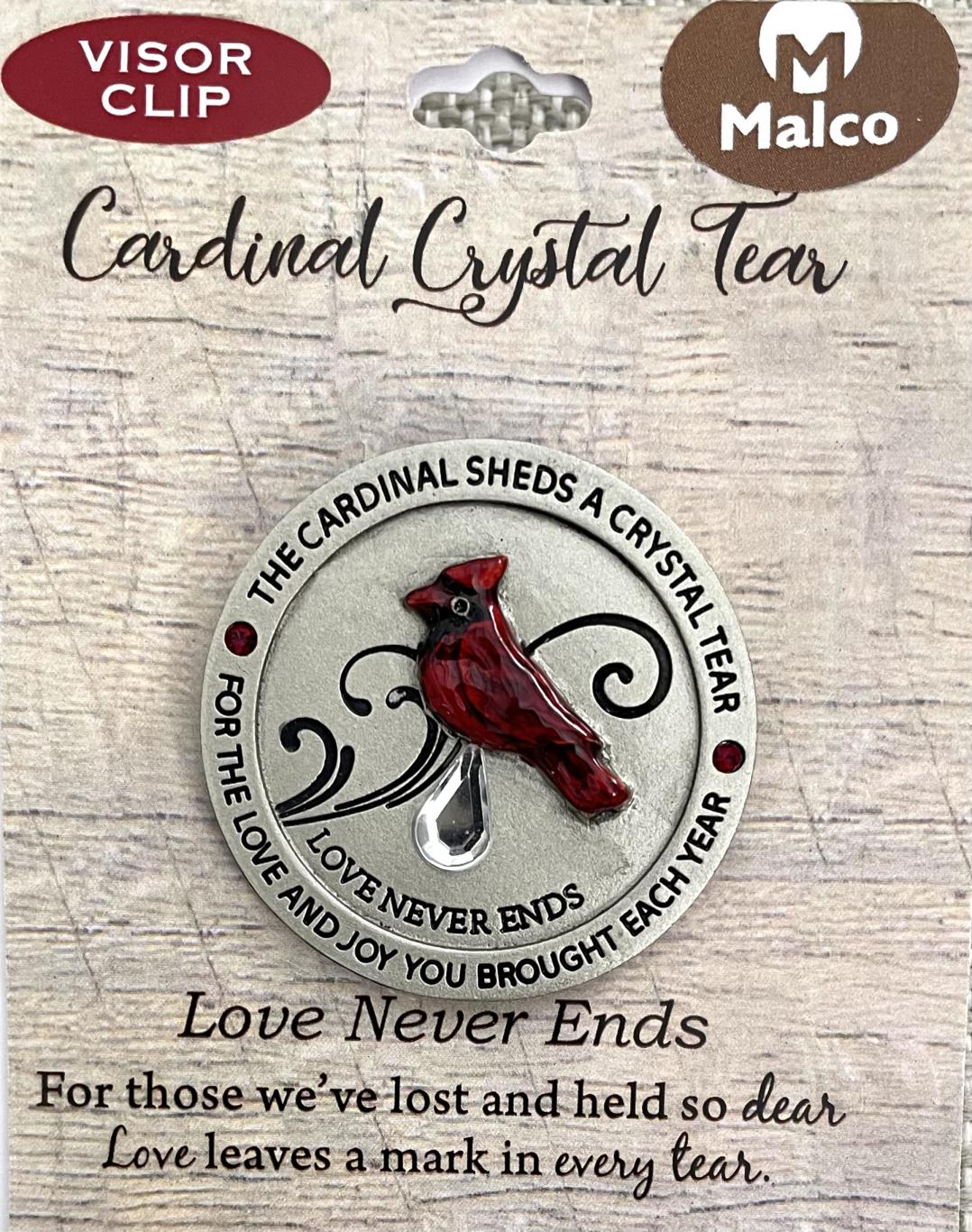 Cardinal Crystal Tear Auto Visor Clip. Cast metal with silver enamel finish and translucent epoxy cardinal and crystal teardrop. Carded. Cardinal Crystal Tear Auto Visor Clip. Cast metal with silver enamel finish and translucent epoxy cardinal and crystal teardrop. Carded.