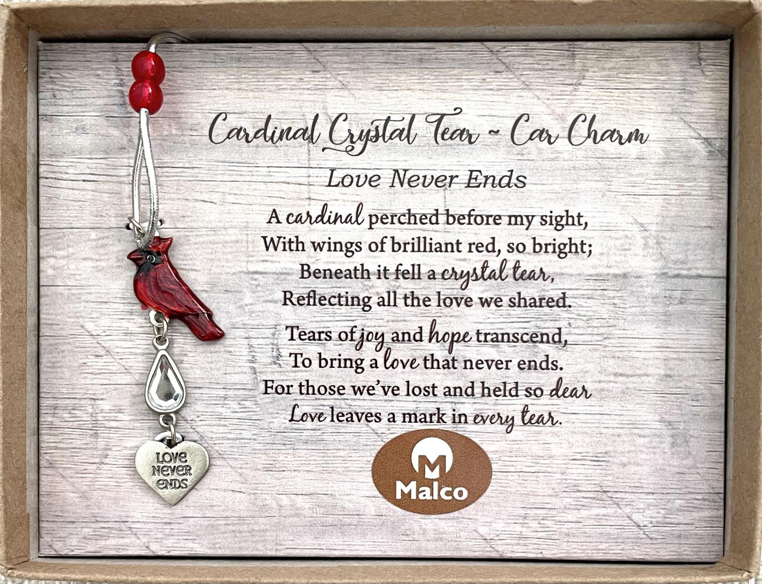 CARDINAL CRYSTAL TEAR CAR CHARM. Cast metal cardinal with translucent epoxy, crystal teardrop, cast metal heart charm, ruby beads and stretch cord. Gift boxed. CARDINAL CRYSTAL TEAR CAR CHARM. Cast metal cardinal with translucent epoxy, crystal teardrop, cast metal heart charm, ruby beads and stretch cord. Gift boxed.