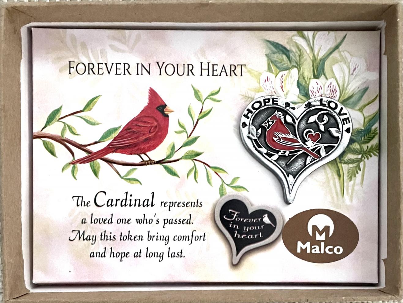 CARDINAL FOREVER IN YOUR HEART POCKET TOKEN. 1.25in heart shaped metal piece with red enamel filled cardinal and heart on one side and CARDINAL FOREVER IN YOUR HEART POCKET TOKEN. 1.25in heart shaped metal piece with red enamel filled cardinal and heart on one side and