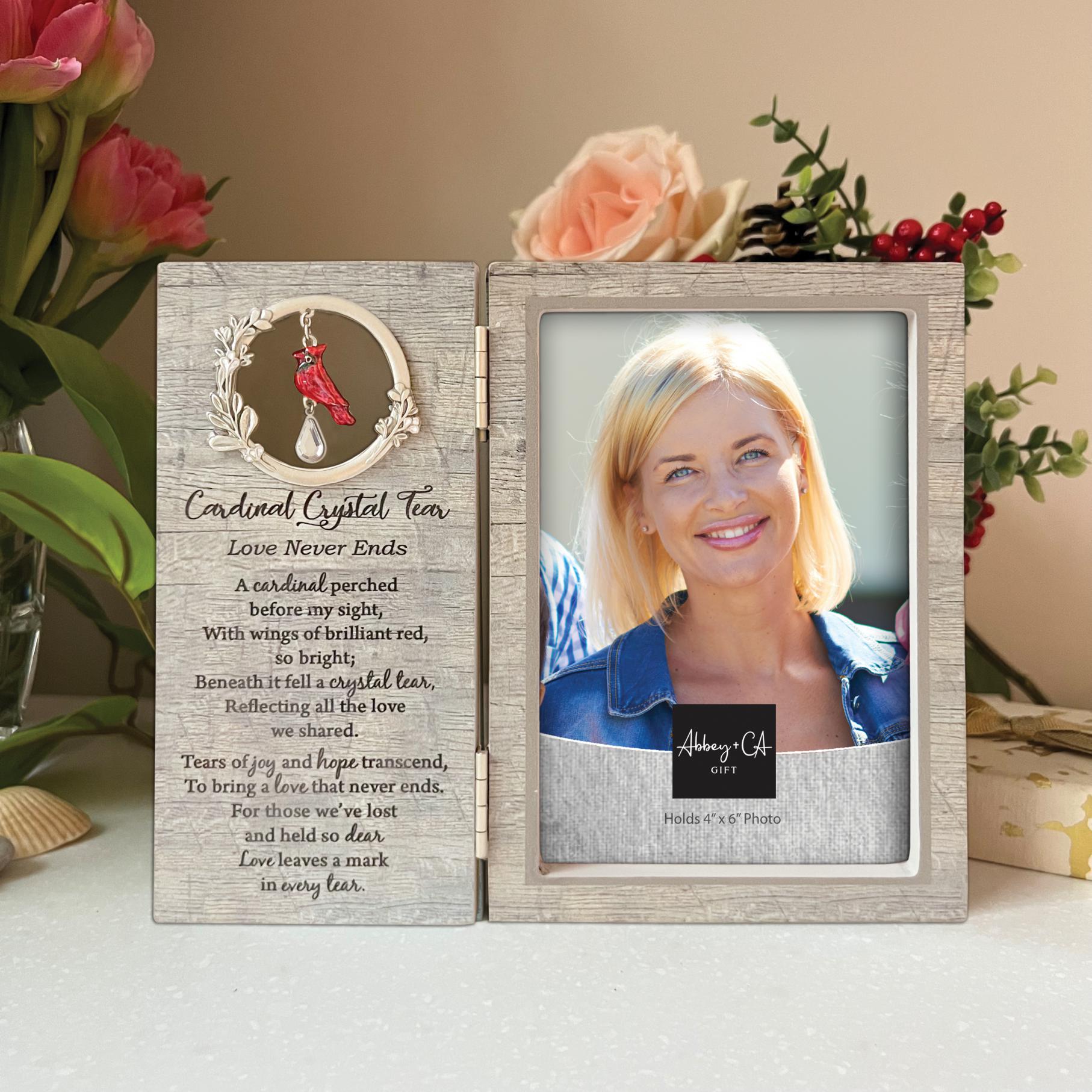 CARDINAL CRYSTAL TEAR HINGED MEMORIAL FRAME. Wood frame that holds 4in x 6in photo. 7.75in W x 6.5in H CARDINAL CRYSTAL TEAR HINGED MEMORIAL FRAME. Wood frame that holds 4in x 6in photo. 7.75in W x 6.5in H