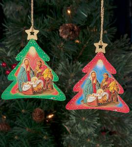 2 Assorted 3in Wood Tree Holy Family Ornament