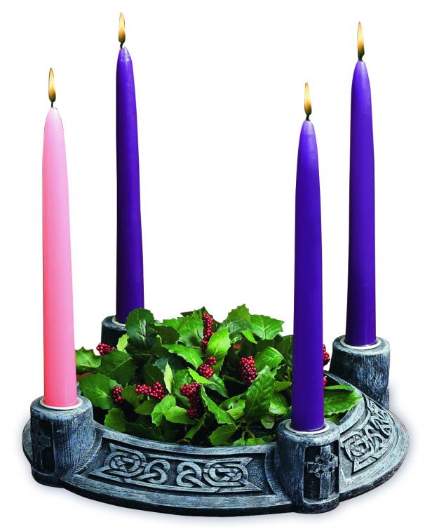 CELTIC ADVENT WREATH MADE OF RESIN WITH METAL CANDLE CUPS. INCLUDES ADVENT PAHPHLET AND 4 10 IN ADVENT CANDLES. 8 IN DIAMETER. BOXED