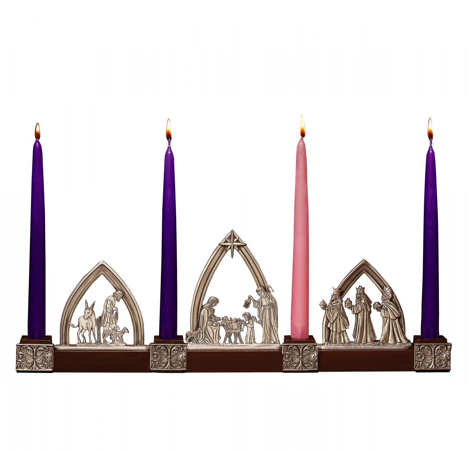 NATIVITY ADVENT CANDLE HOLDER. WOOD BASE SUPPORTS THREE FINELY SCULPTED SCENES, EACH CENTERED IN AN ARCH, ALL COMBINED TO TELL THE STORY OF THE NATIVITY. EACH SCENE IS FINISHED IN SILVER ENAMEL. COMPLETE WITH 4 10 IN ADVENT CANDLES. 18 IN X 8 IN X 2 IN. BOXED 