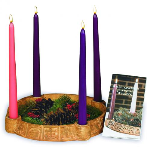 ANTICIPATION ADVENT WREATH. CRAFTED OF RESIN WITH THE LOOK AND TEXTURE OF CARVED WOOD, WITH METAL CANDLE CUPS. INCLUDES ADVENT PAMPHLET AND FOUR 10 IN CANDLES. 11.5 IN DIAMETER. BOXED