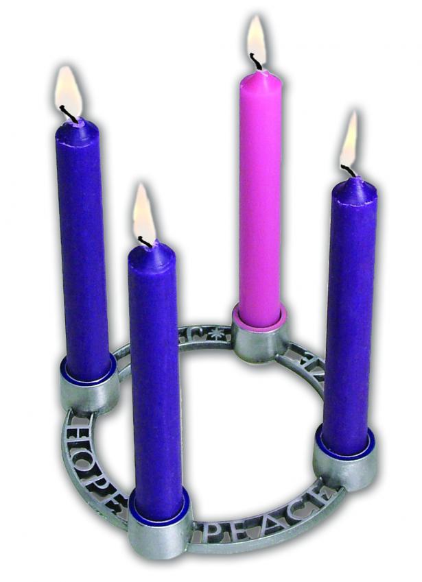 PERSONAL ADVENT WREATH OF HOPE, PEACE, LOVE AND JOY. PEWTER FINISH WITH PURPLE AND PINK EPOXY. 4 IN DIAMETER COMPLETE WITH FOUR 4 IN CANDLES. BOXED