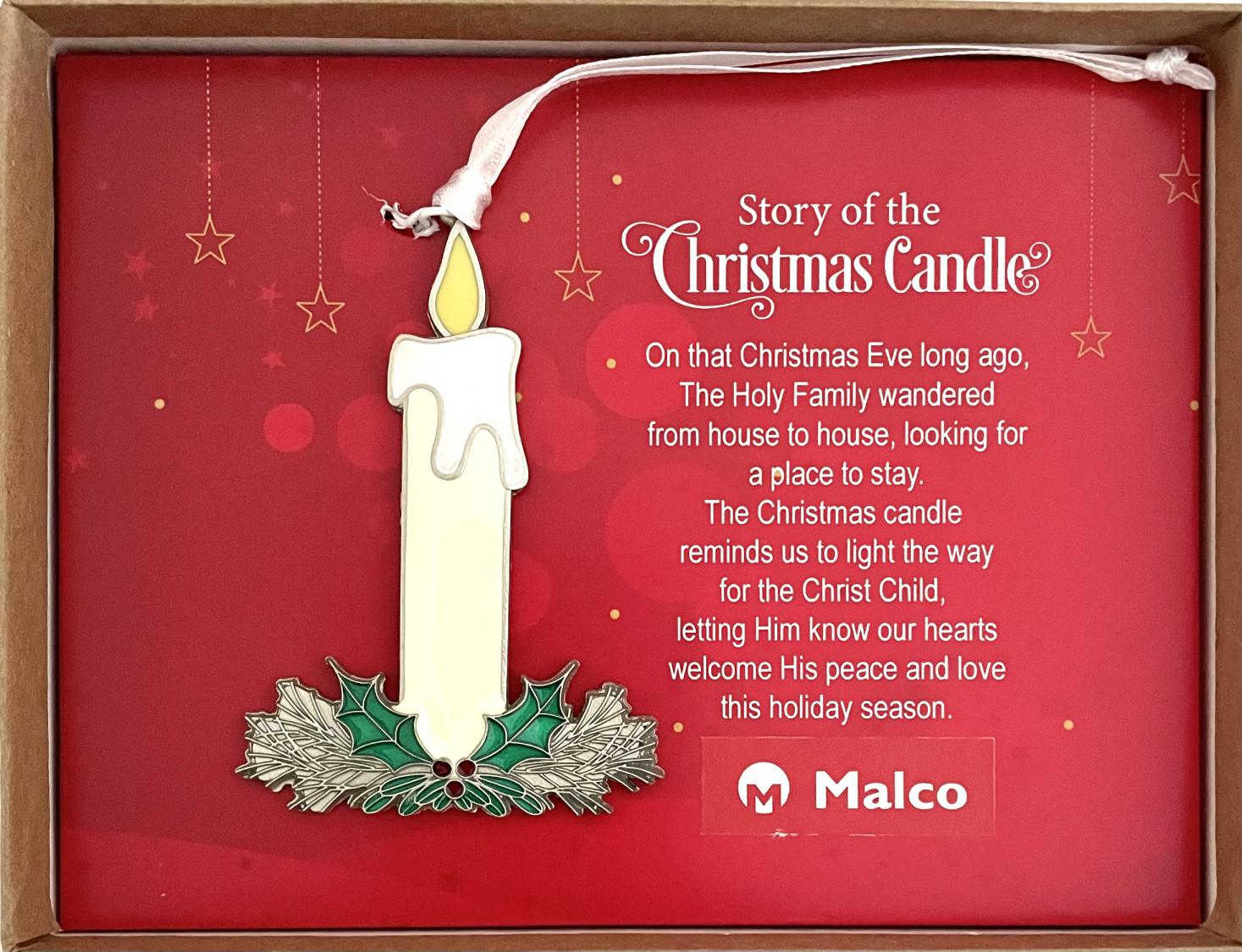 CANDLE ORNAMENT. CAST METAL WITH SILVER ENAMEL FINISH AND MULTIPLE EPOXY FILLS. HANGS ON WHITE SATIN RIBBON. 2.5IN W X 3.5IN H. WINDOW BOXED