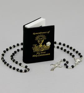 First Communion BLACK LEATHERETTE BOX with ROSARY