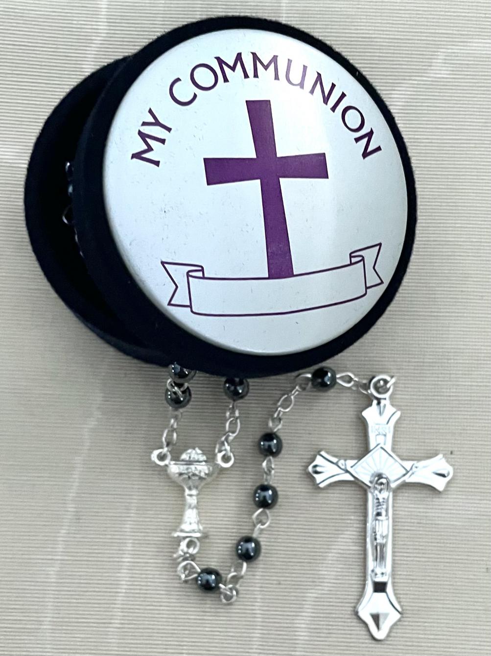 5 mm Hematite First Communion Rosary with Rosary keepsake box. Can be personalized. Gift boxed. 5 mm Hematite First Communion Rosary with Rosary keepsake box. Can be personalized. Gift boxed.