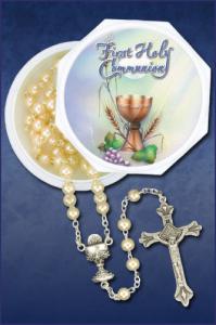 Wheat And Grapes First Communion Box with Pearl Rosary Wheat And Grapes First Communion Box with Pearl Rosary