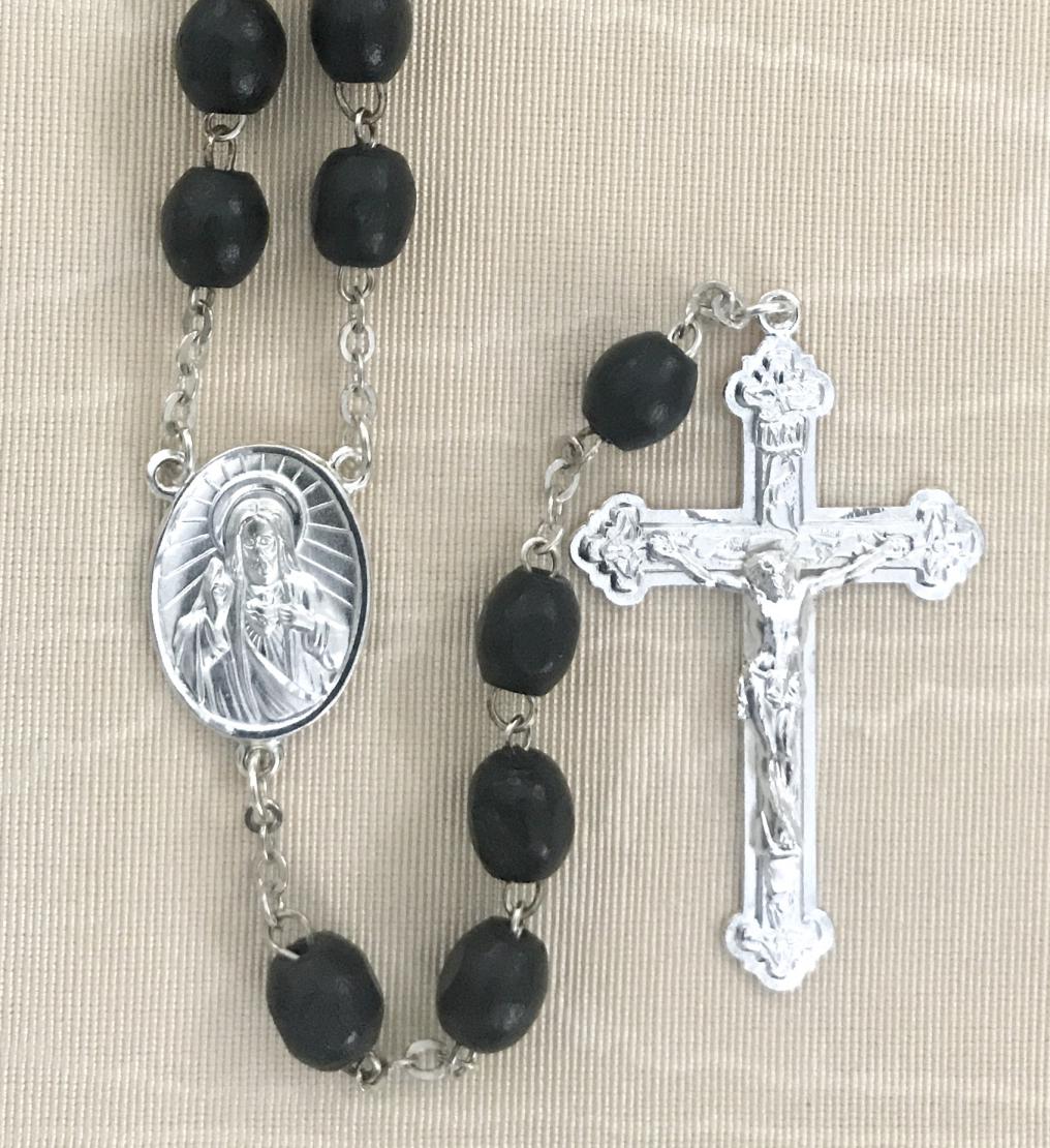 9x6mm BLACK WOOD ROSARY WITH STERLING SILVER PLATED CRUCIFIX AND CENTER GIFT BOXED