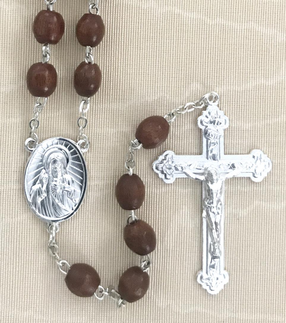 9x6mm BROWN WOOD ROSARY WITH STERLING SILVER PLATED CRUCIFIX AND CENTER GIFT BOXED