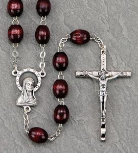 9X7mm Maroon Oval Wood Rosary 23in Length