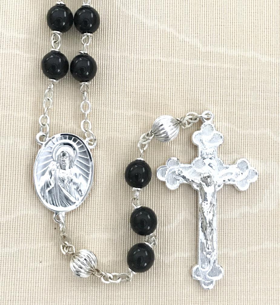 6mm BLACK GLASS ROSARY WITH STERLING SILVER PLATED CRUCIFIX AND CENTER 18in LENGTH GIFT BOXED
