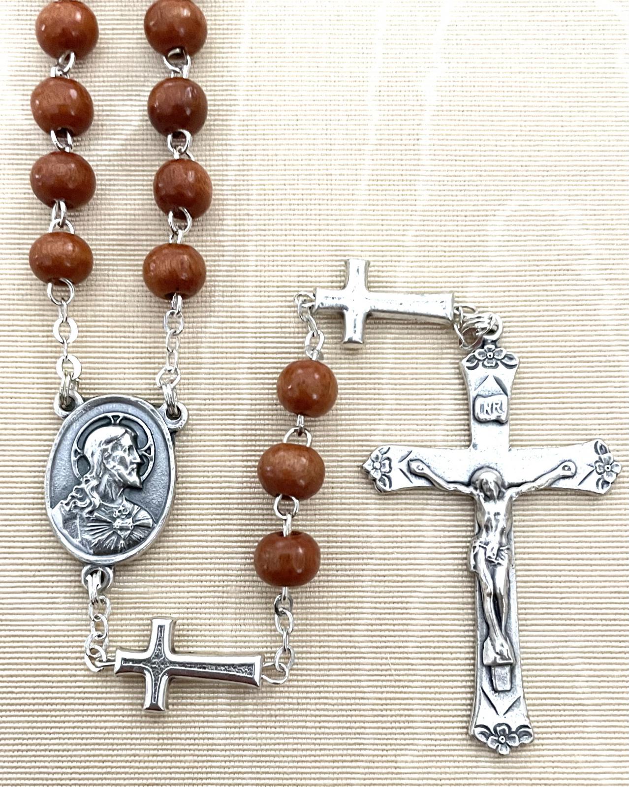 6MM BROWN WOOD ROSARY WITH CROSS OF BEADS