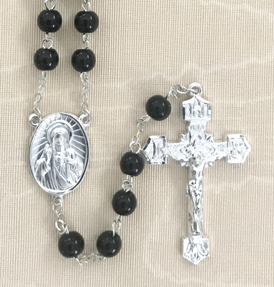 6mm BLACK GLASS ROSARY WITH STERLING SILVER PLATED CRUCIFIX AND CENTER GIFT BOXED