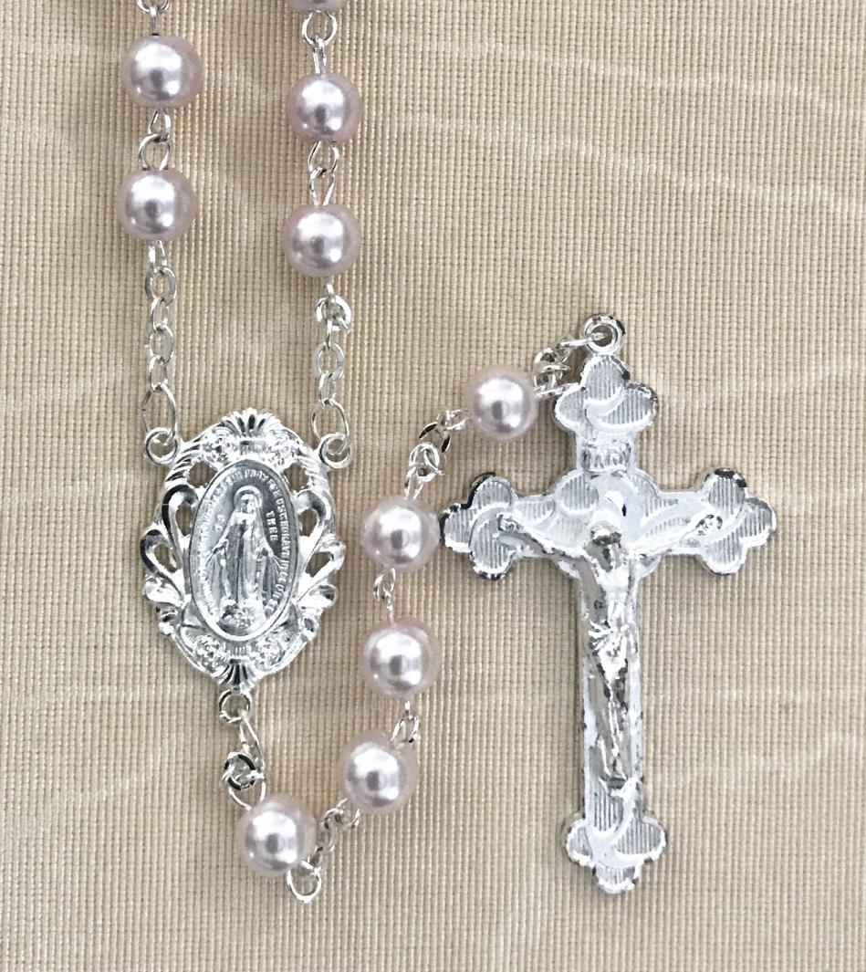 6mm ROUND PINK PEARL ROSARY WITH STERLING SILVER PLATED CRUCIFIX AND CENTER GIFT BOXED