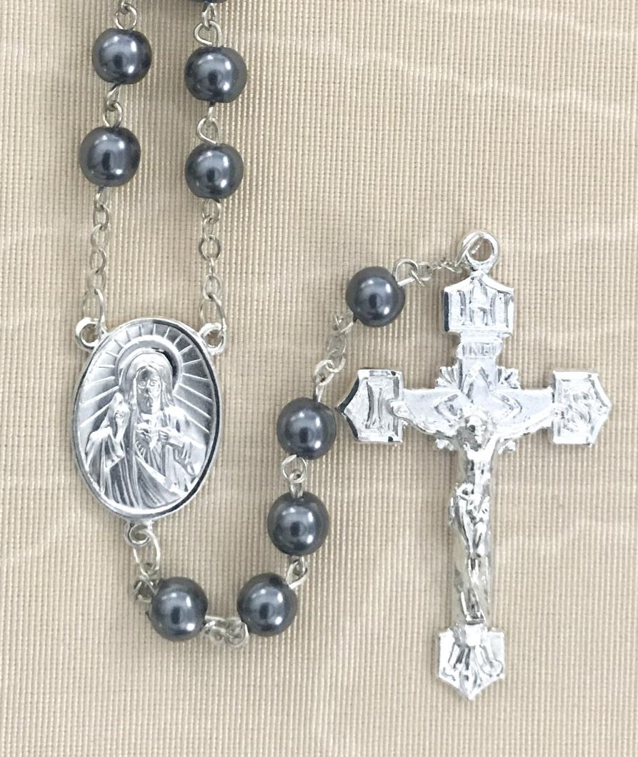 6mm HEMATITE ROSARY WITH STERLING SILVER PLATED CENTER AND CRUCIFIX GIFT BOXED