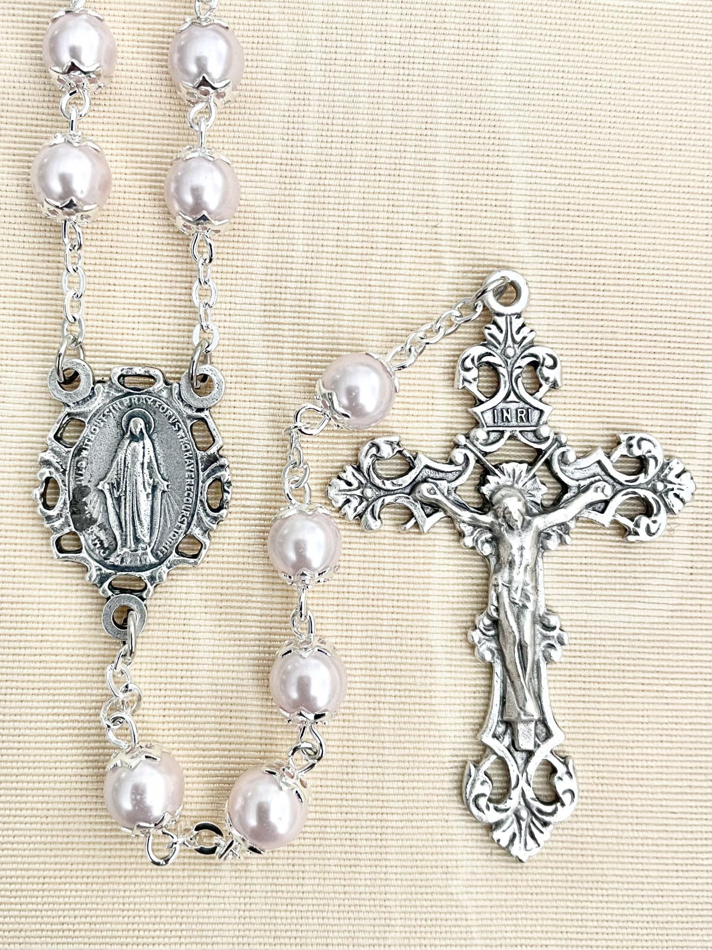 7 mm Pink Pearl Double Capped Romagna Rosary