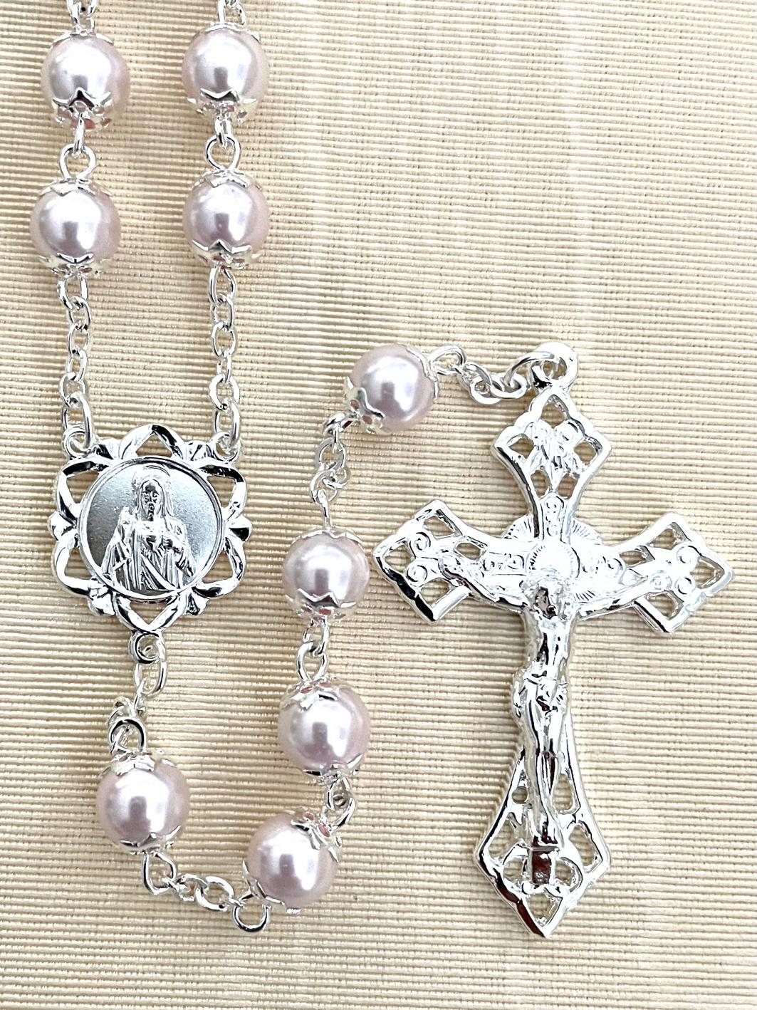 7mm PINK PEARL DOUBLE CAPPED ROSARY WITH STERLING SILVER PLATED CRUCIFIX AND CENTER GIFT BOXED
