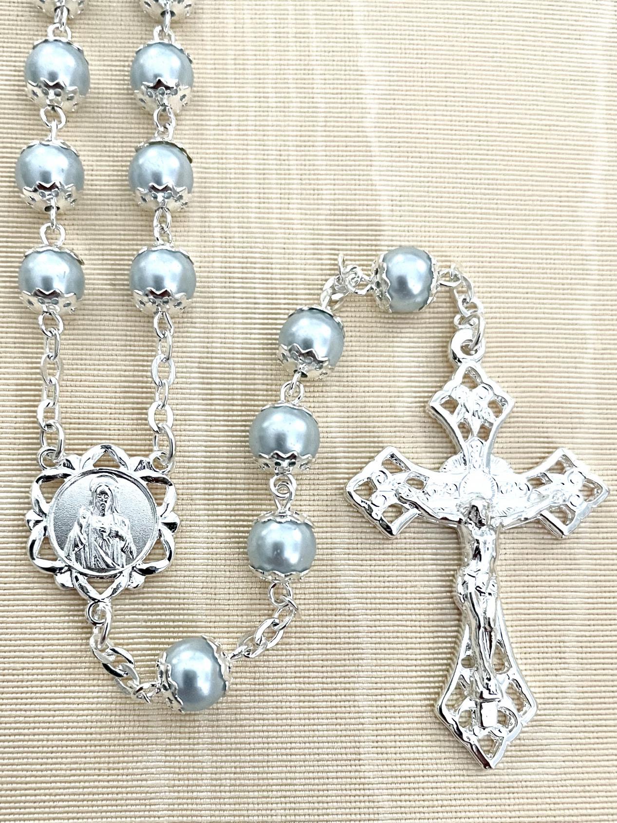 7mm BLUE PEARL DOUBLE CAPPED ROSARY WITH STERLING SILVER PLATED CRUCIFIX AND CENTER GIFT BOXED