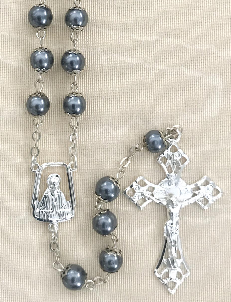 7mm GREY PEARL DOUBLE CAPPED ROSARY WITH STERLING SILVER PLATED CRUCIFIX AND CENTER GIFT BOXED