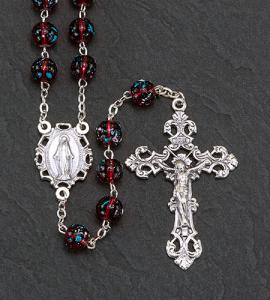 8 mm Ruby Glass Floral Bead Rosary