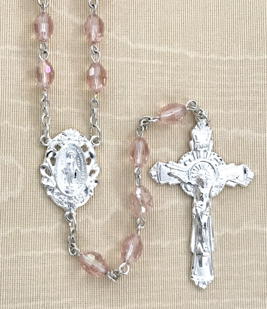 7x5mm TIN CUT ROSE ROSARY WITH STERLING SILVER PLATED CRUCIFIX AND CENTER GIFT BOXED