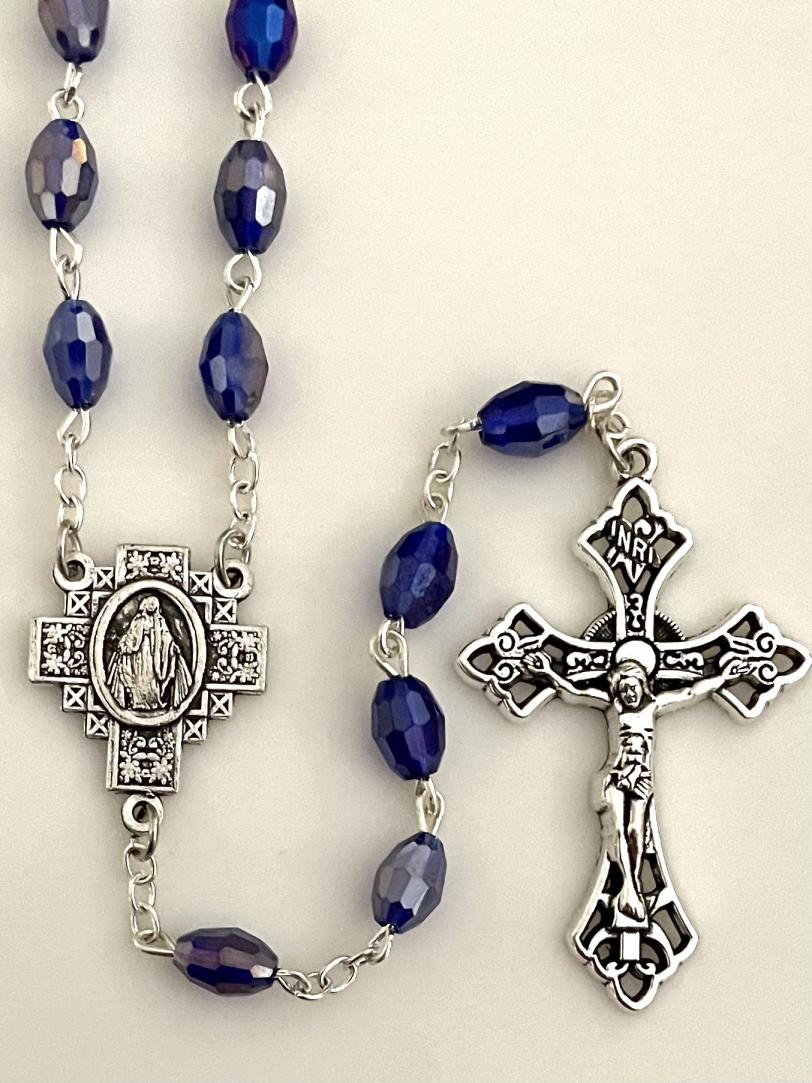7x5mm TIN CUT SAPPHIRE ROSARY WITH SILVER OXIDIZED CRUCIFIX AND CENTER GIFT BOXED 