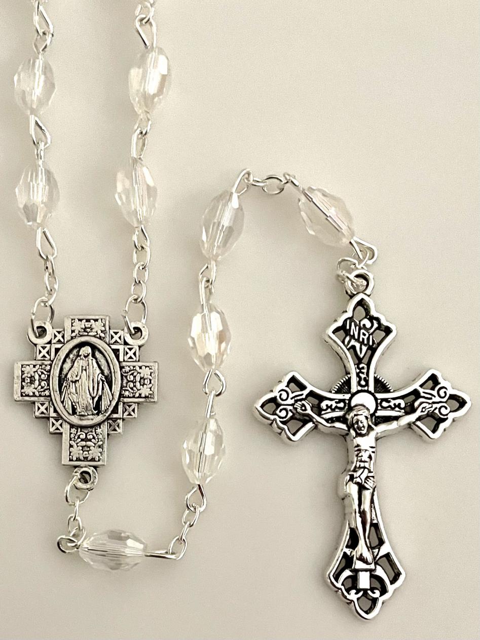 7x5mm TIN CUT CRYTAL ROSARY WITH SILVER OXIDIZED CRUCIFIX AND CENTER GIFT BOXED 