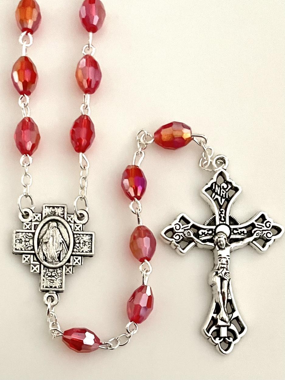 7x5mm TIN CUT RUBY ROSARY WITH SILVER OXIDIZED CRUCIFIX AND CENTER GIFT BOXED 
