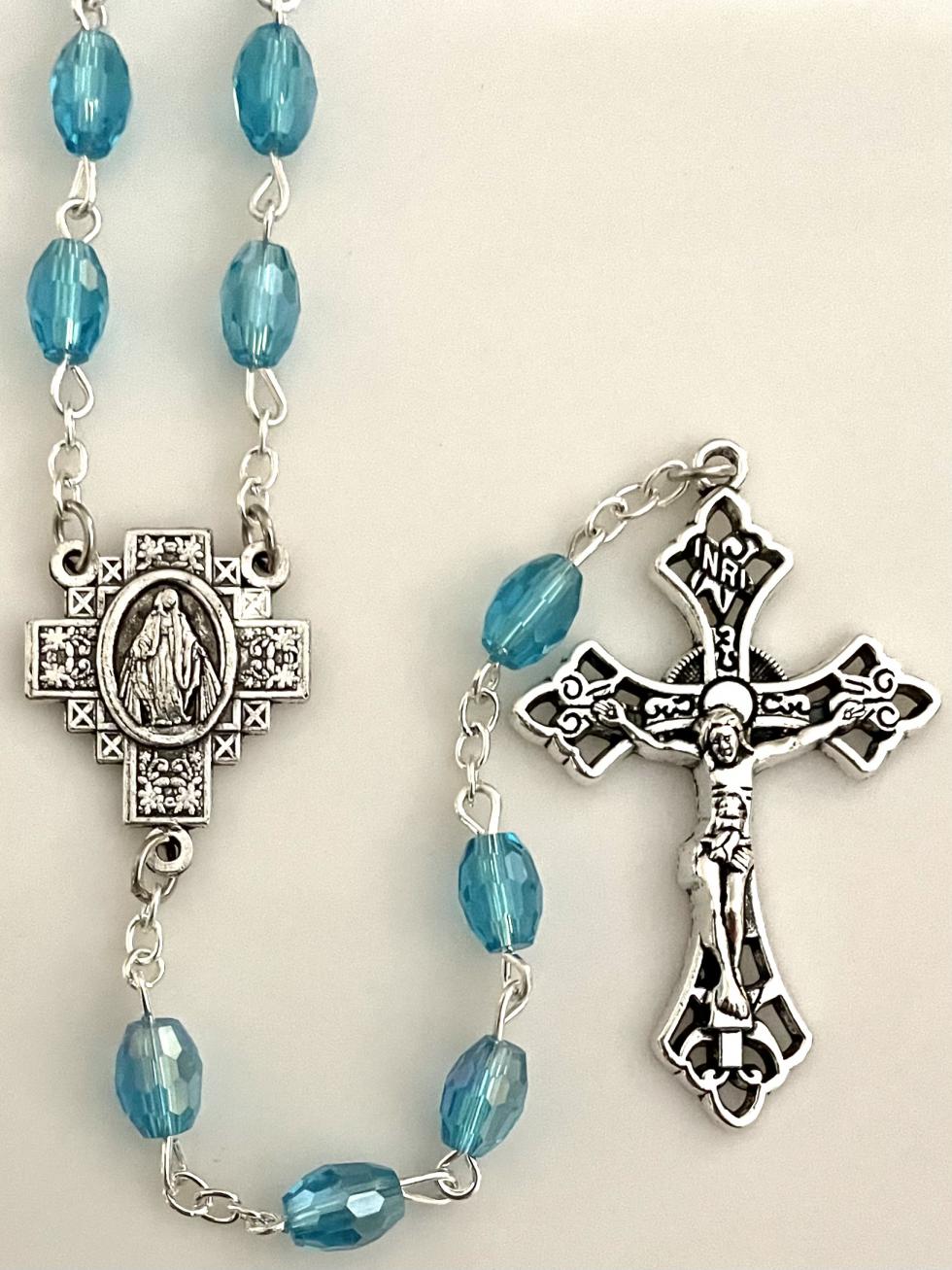 7x5mm TIN CUT AQUA ROSARY WITH SILVER OXIDIZED CRUCIFIX AND CENTER GIFT BOXED 