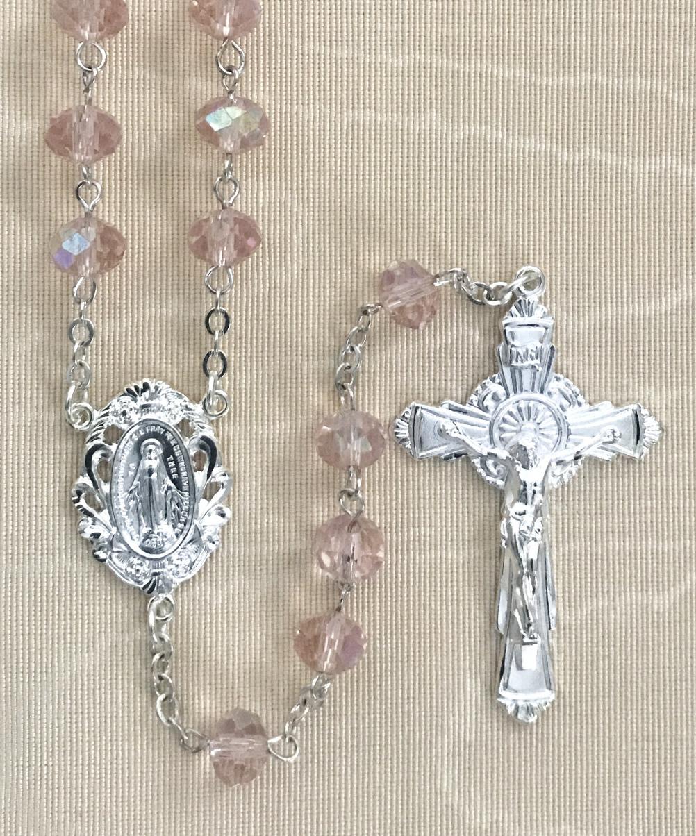 8X6 TIN CUT AB PINK ROSARY WITH STERLING SILVER PLATED CRUCIFIX AND CENTER GIFT BOXED