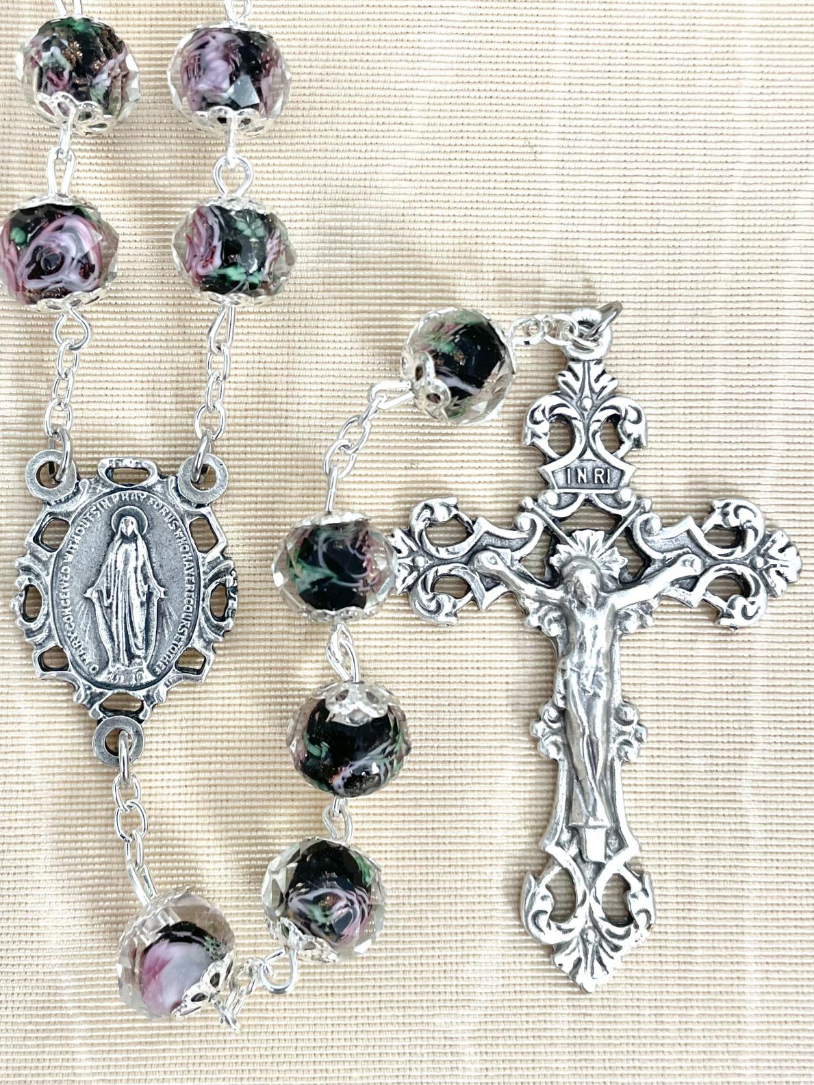 10X8 JET CRYSTAL HAND PAINTED ROSE ROSARY WITH CAPS. GIFT BOXED