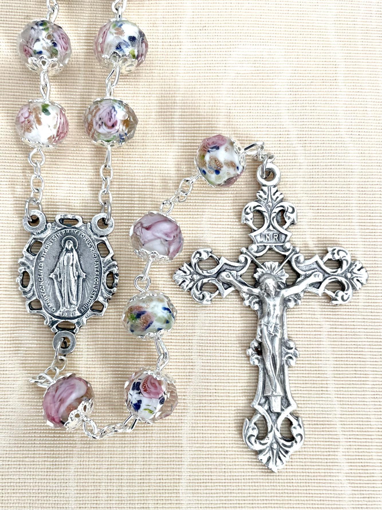 10X8 WHITE CRYSTAL HAND PAINTED ROSE ROSARY WITH CAPS. GIFT BOXED