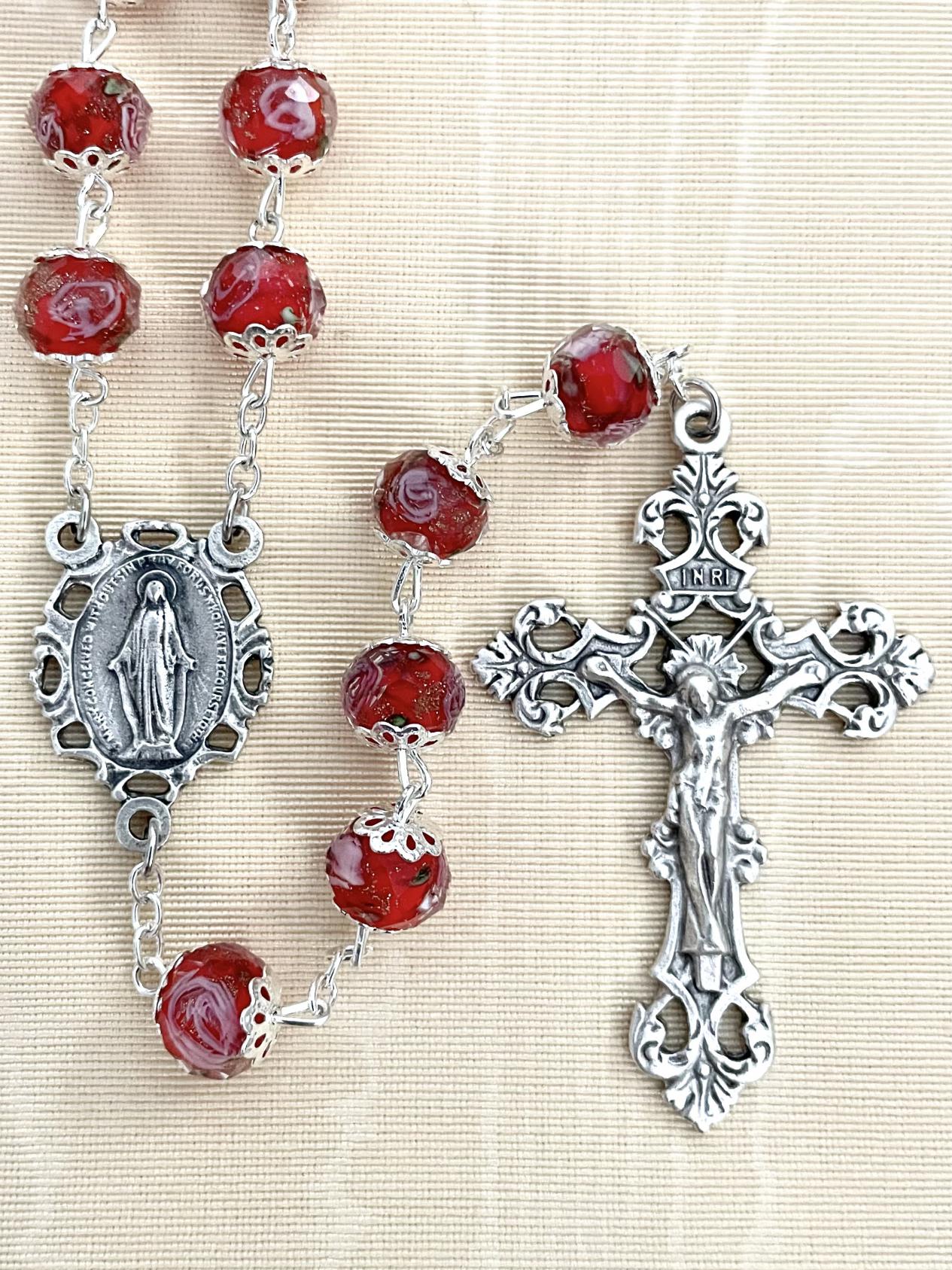 10X8 RUBY CRYSTAL HAND PAINTED ROSE ROSARY WITH CAPS. GIFT BOXED