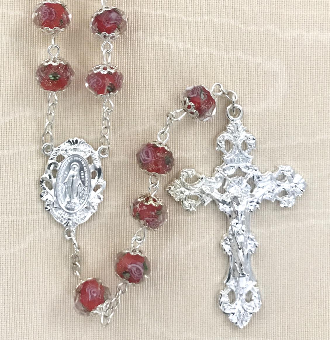 10x8MM RUBY HAND PAINTED ROSE ROSARY WITH STERLING SILVER PLATED CRUCIFIX AND CENTER GIFT BOXED